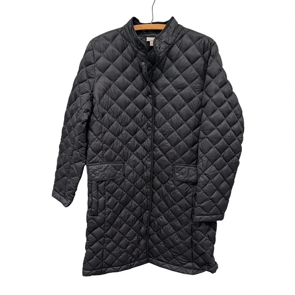 J. Jill Women's Black Quilted Down Puffer Coat Diamond Stitch Long Jacket- M